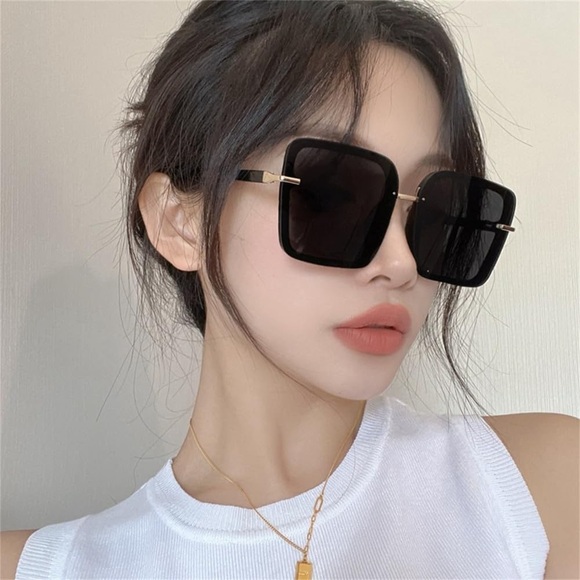 Brown and Gold Retro Rimless Square Sunglasses - Picture 1 of 6